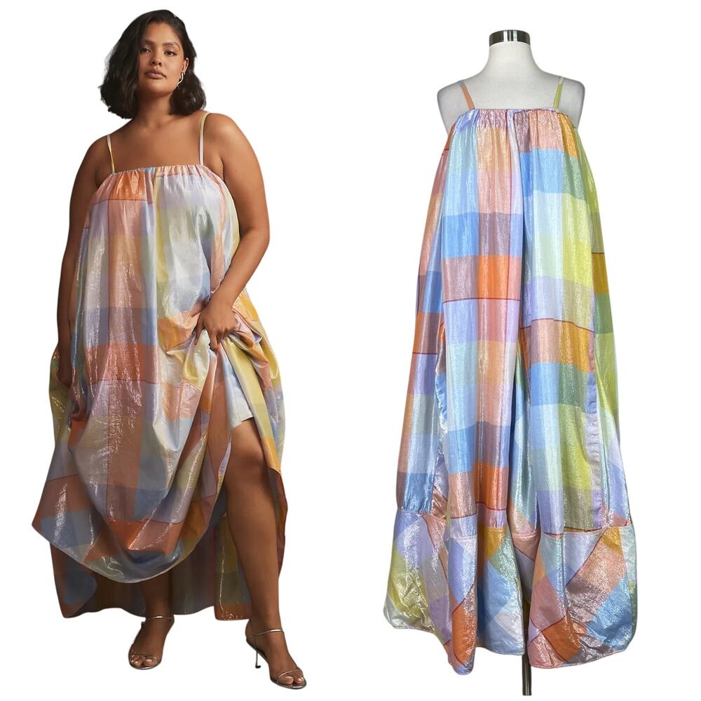 Anthropologie | Pilcro Metallic Colorful Plaid Tent Maxi Dress Plus Size 1X